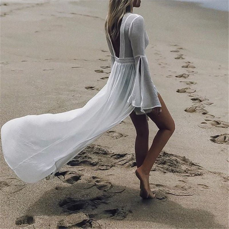 Vestido Maxi Cubresol Blanco Sin Esfuerzo para Mujeres con Escote en V, Mangas de Campana y Frontal Abierto en Estilo Bohemio