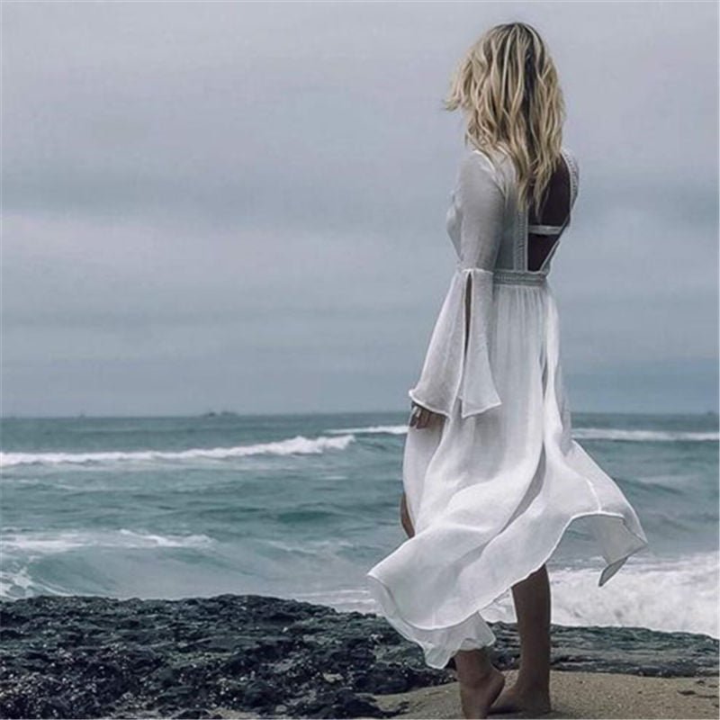 Vestido Maxi Cubresol Blanco Sin Esfuerzo para Mujeres con Escote en V, Mangas de Campana y Frontal Abierto en Estilo Bohemio