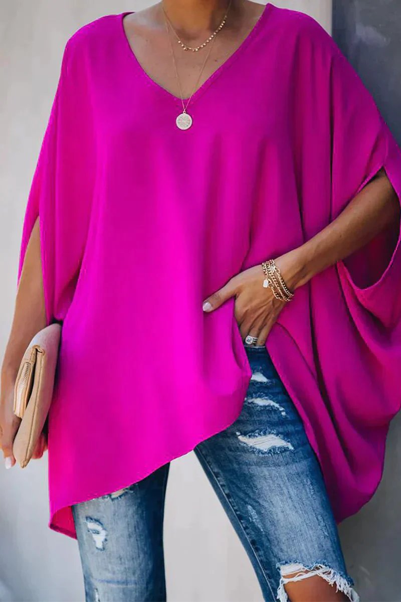 Blusa Poncho Sin Esfuerzo para Mujeres con Cuello en V y Manga Murciélago Asimétrica de Estilo Fluido Alto-Bajo