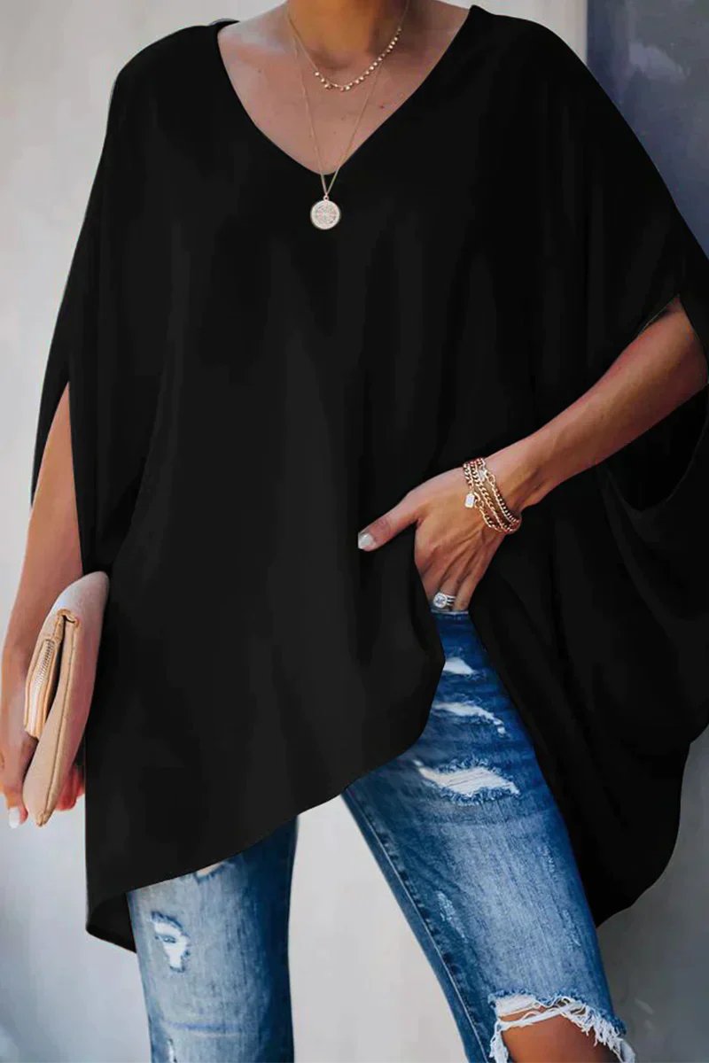 Blusa Poncho Sin Esfuerzo para Mujeres con Cuello en V y Manga Murciélago Asimétrica de Estilo Fluido Alto-Bajo