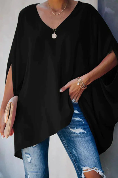 Blusa Poncho Sin Esfuerzo para Mujeres con Cuello en V y Manga Murciélago Asimétrica de Estilo Fluido Alto-Bajo