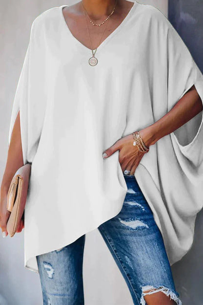 Blusa Poncho Sin Esfuerzo para Mujeres con Cuello en V y Manga Murciélago Asimétrica de Estilo Fluido Alto-Bajo
