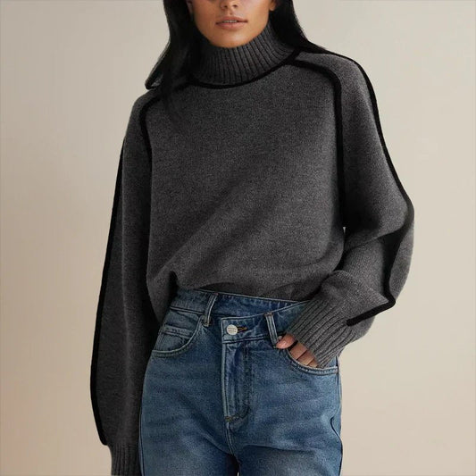 Suéter Cómodo con Piping en Contraste para Mujeres con Cuello Alto, Manga Larga, Estilo Relajado y Oversized