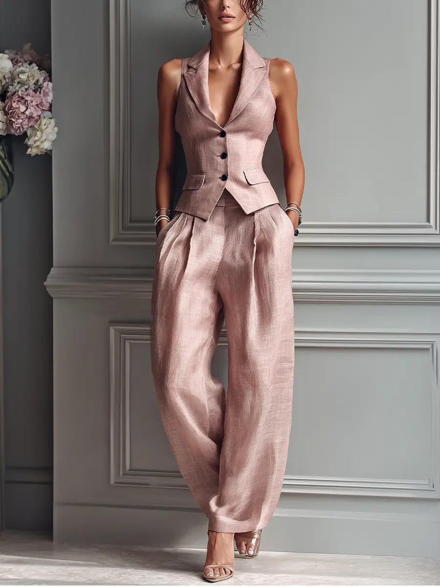 Conjunto de dos piezas de lino elegante en rosa claro para mujeres con chaleco de solapa muesca y pantalón de pierna ancha estilo formal