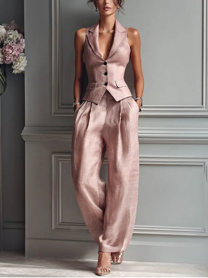 Conjunto de dos piezas de lino elegante en rosa claro para mujeres con chaleco de solapa muesca y pantalón de pierna ancha estilo formal