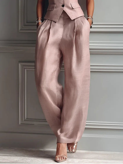 Conjunto de dos piezas de lino elegante en rosa claro para mujeres con chaleco de solapa muesca y pantalón de pierna ancha estilo formal