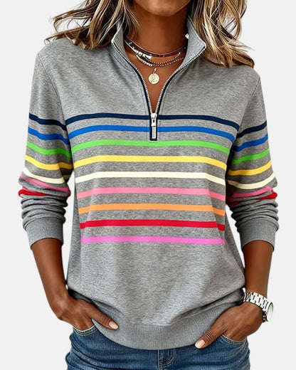 Sudadera de Cuello Alto de Rayas Arcoíris para Mujeres con Cierre de 1/4, Estilo Relajado y de Manga Larga