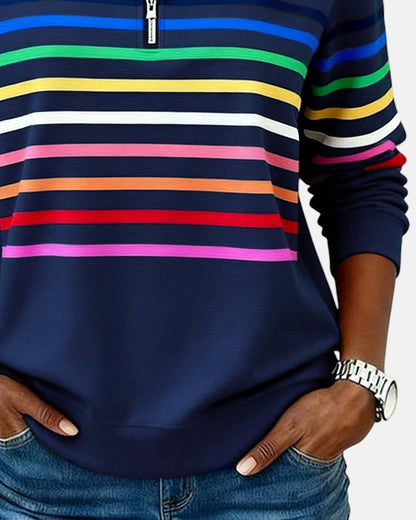 Sudadera de Cuello Alto de Rayas Arcoíris para Mujeres con Cierre de 1/4, Estilo Relajado y de Manga Larga