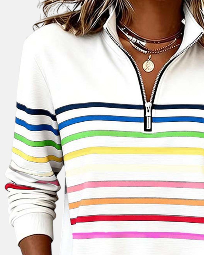 Sudadera de Cuello Alto de Rayas Arcoíris para Mujeres con Cierre de 1/4, Estilo Relajado y de Manga Larga