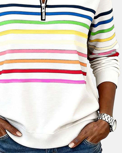 Sudadera de Cuello Alto de Rayas Arcoíris para Mujeres con Cierre de 1/4, Estilo Relajado y de Manga Larga