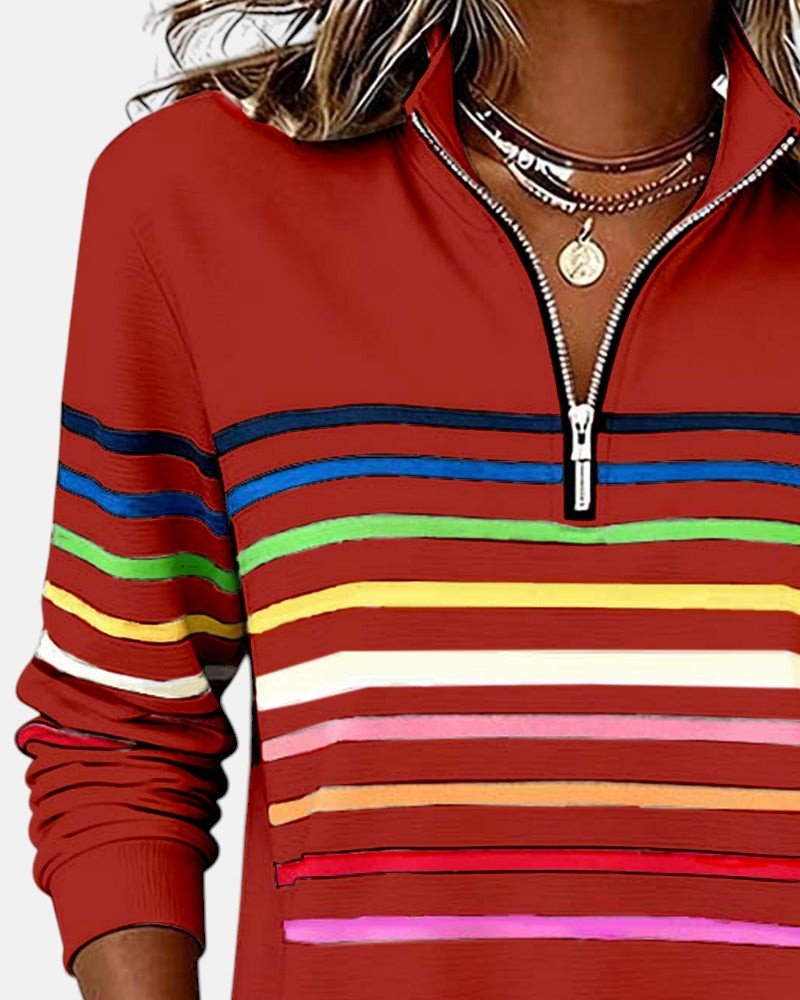 Sudadera de Cuello Alto de Rayas Arcoíris para Mujeres con Cierre de 1/4, Estilo Relajado y de Manga Larga