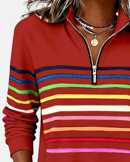 Sudadera de Cuello Alto de Rayas Arcoíris para Mujeres con Cierre de 1/4, Estilo Relajado y de Manga Larga