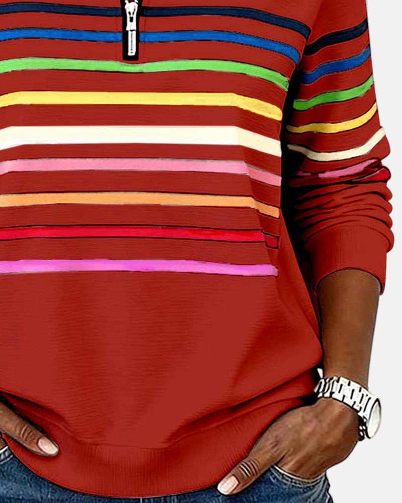 Sudadera de Cuello Alto de Rayas Arcoíris para Mujeres con Cierre de 1/4, Estilo Relajado y de Manga Larga