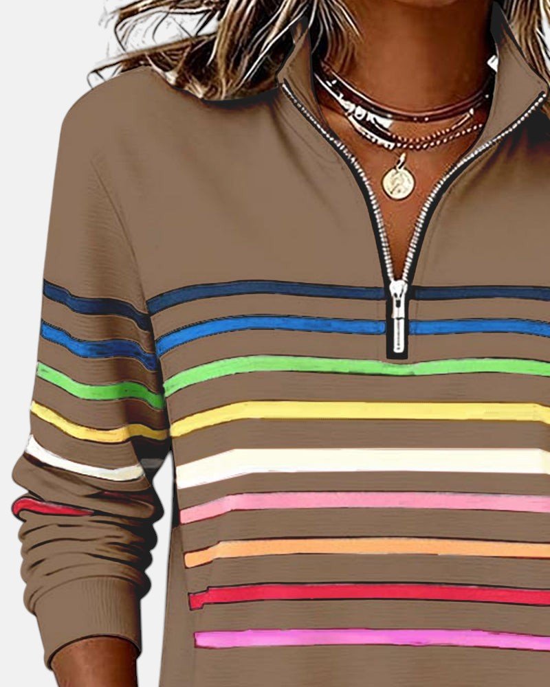 Sudadera de Cuello Alto de Rayas Arcoíris para Mujeres con Cierre de 1/4, Estilo Relajado y de Manga Larga