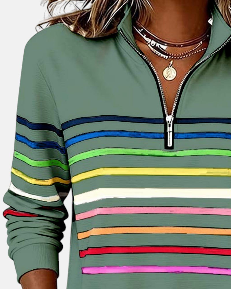 Sudadera de Cuello Alto de Rayas Arcoíris para Mujeres con Cierre de 1/4, Estilo Relajado y de Manga Larga