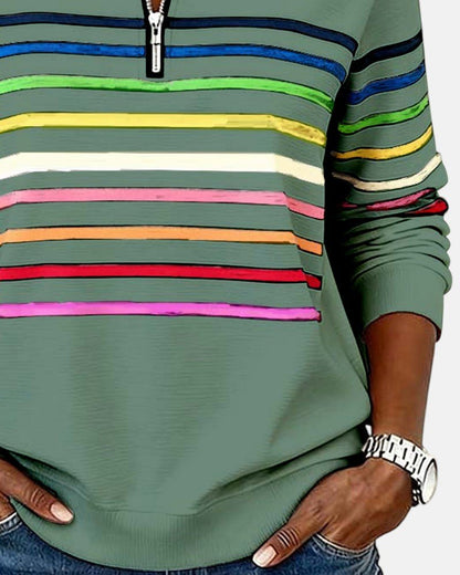 Sudadera de Cuello Alto de Rayas Arcoíris para Mujeres con Cierre de 1/4, Estilo Relajado y de Manga Larga