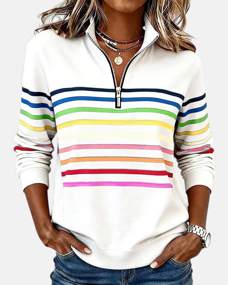 Sudadera de Cuello Alto de Rayas Arcoíris para Mujeres con Cierre de 1/4, Estilo Relajado y de Manga Larga