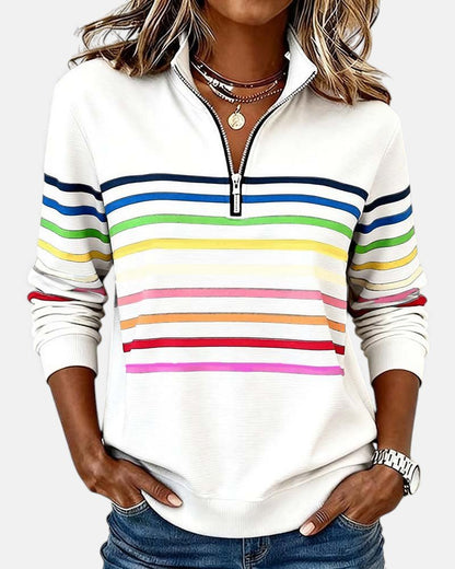 Sudadera de Cuello Alto de Rayas Arcoíris para Mujeres con Cierre de 1/4, Estilo Relajado y de Manga Larga