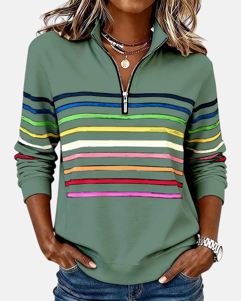 Sudadera de Cuello Alto de Rayas Arcoíris para Mujeres con Cierre de 1/4, Estilo Relajado y de Manga Larga