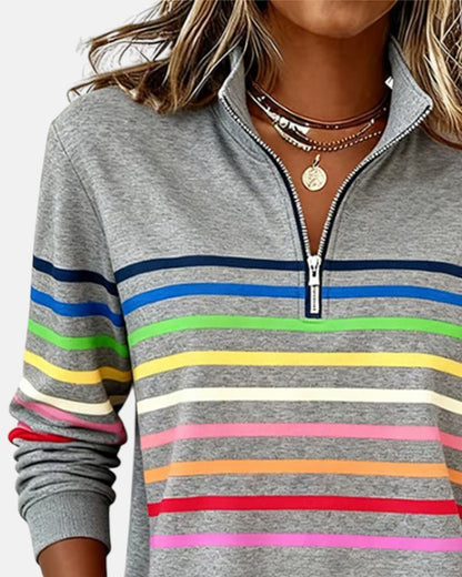 Sudadera de Cuello Alto de Rayas Arcoíris para Mujeres con Cierre de 1/4, Estilo Relajado y de Manga Larga