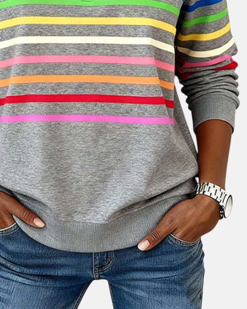 Sudadera de Cuello Alto de Rayas Arcoíris para Mujeres con Cierre de 1/4, Estilo Relajado y de Manga Larga