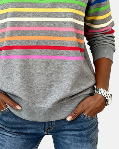 Sudadera de Cuello Alto de Rayas Arcoíris para Mujeres con Cierre de 1/4, Estilo Relajado y de Manga Larga