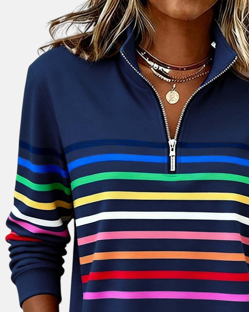 Sudadera de Cuello Alto de Rayas Arcoíris para Mujeres con Cierre de 1/4, Estilo Relajado y de Manga Larga