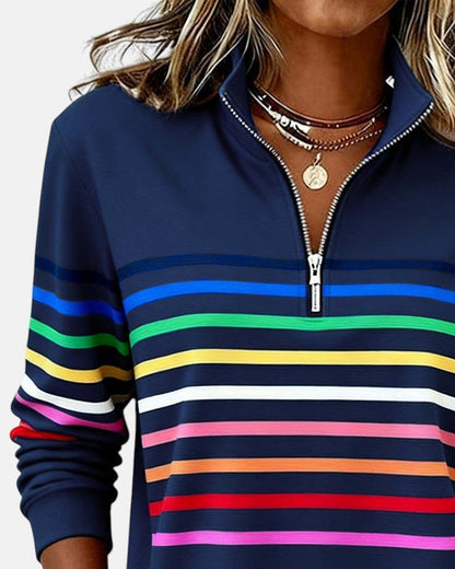 Sudadera de Cuello Alto de Rayas Arcoíris para Mujeres con Cierre de 1/4, Estilo Relajado y de Manga Larga