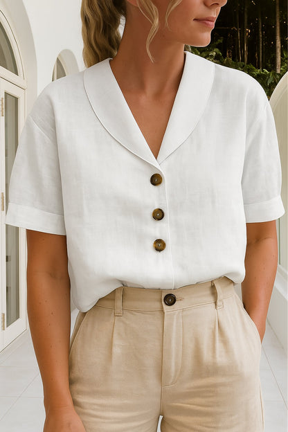 Blusa de Lino Sin Esfuerzo para Mujeres con Cuello de Muesca, Manga Corta, Botones Frontales y Estilo Relajado