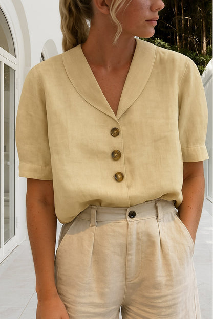 Blusa de Lino Sin Esfuerzo para Mujeres con Cuello de Muesca, Manga Corta, Botones Frontales y Estilo Relajado