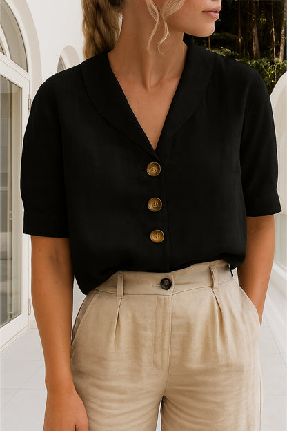 Blusa de Lino Sin Esfuerzo para Mujeres con Cuello de Muesca, Manga Corta, Botones Frontales y Estilo Relajado
