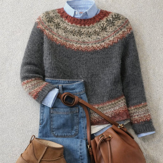 Suéter cómodo gris Fair Isle para mujeres con cuello redondo, manga larga y estilo de punto relajado y oversize