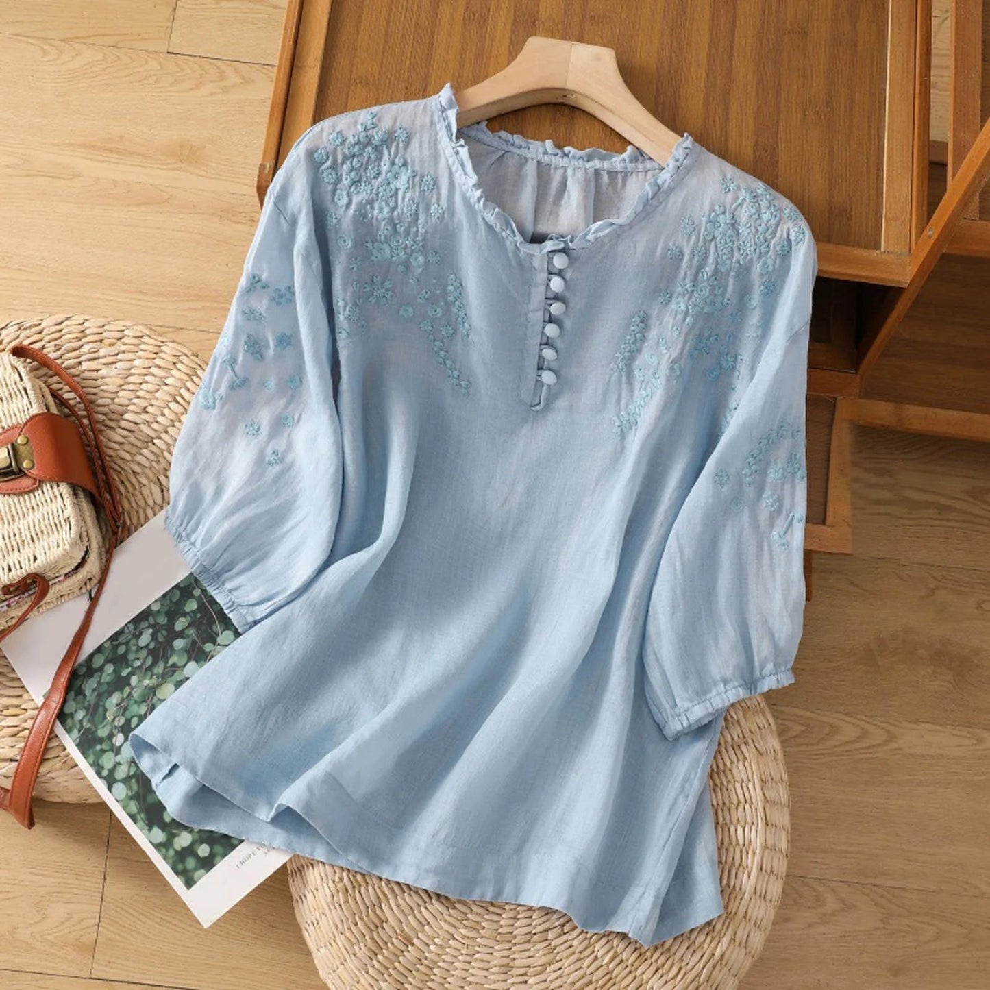Blusa de Lino Bordada Sin Esfuerzo para Mujeres con Cuello en V, Mangas de Codo y Estilo Relajado