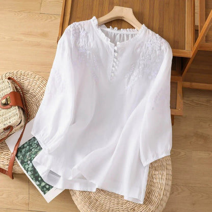 Blusa de Lino Bordada Sin Esfuerzo para Mujeres con Cuello en V, Mangas de Codo y Estilo Relajado