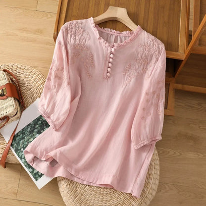Blusa de Lino Bordada Sin Esfuerzo para Mujeres con Cuello en V, Mangas de Codo y Estilo Relajado