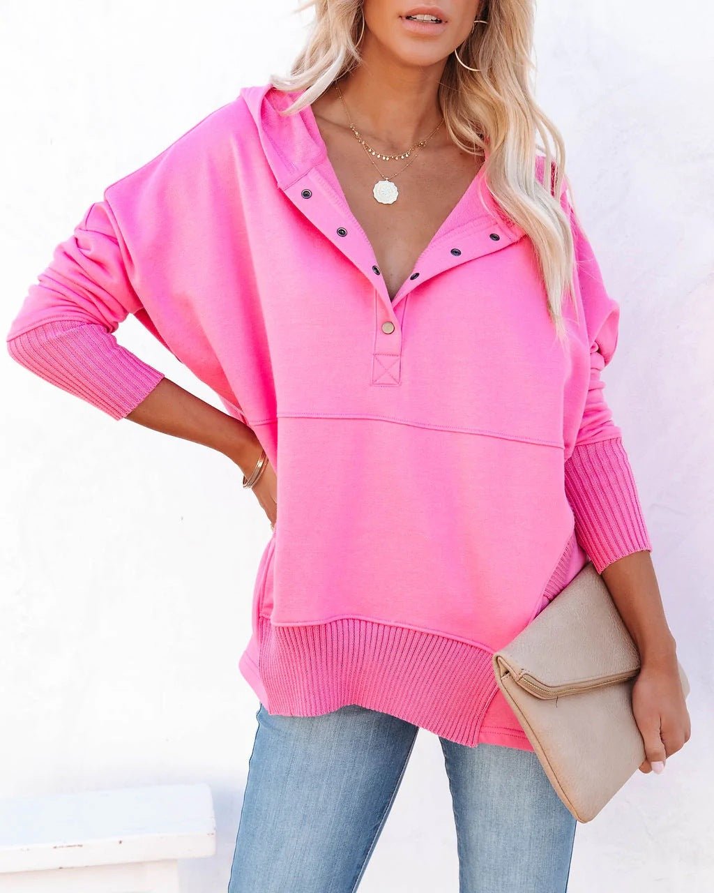Sudadera Cómoda con Botones a Presión para Mujeres con Capucha Ajustable, Manga Larga, Puños Acanalados y Estilo Relajado