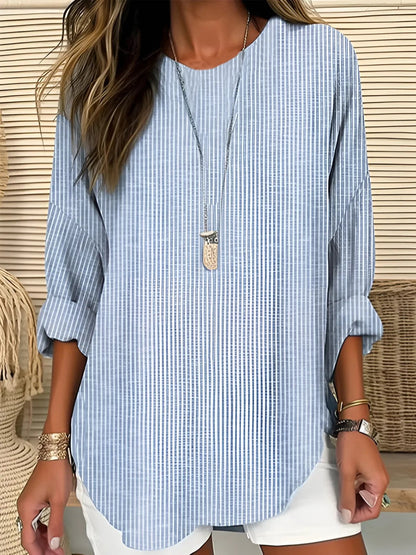 Blusa de túnica a rayas sin esfuerzo para mujeres con cuello redondo, mangas acampanadas y dobladillo curvado en estilo relajado