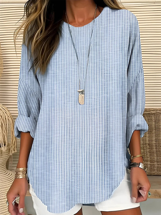 Blusa de túnica a rayas sin esfuerzo para mujeres con cuello redondo, mangas acampanadas y dobladillo curvado en estilo relajado