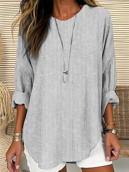 Blusa de túnica a rayas sin esfuerzo para mujeres con cuello redondo, mangas acampanadas y dobladillo curvado en estilo relajado