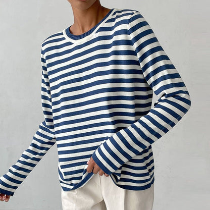 Suéter a Rayas Cómodo para Mujeres con Cuello Redondo y Mangas Largas, Estilo Relajado y Oversized