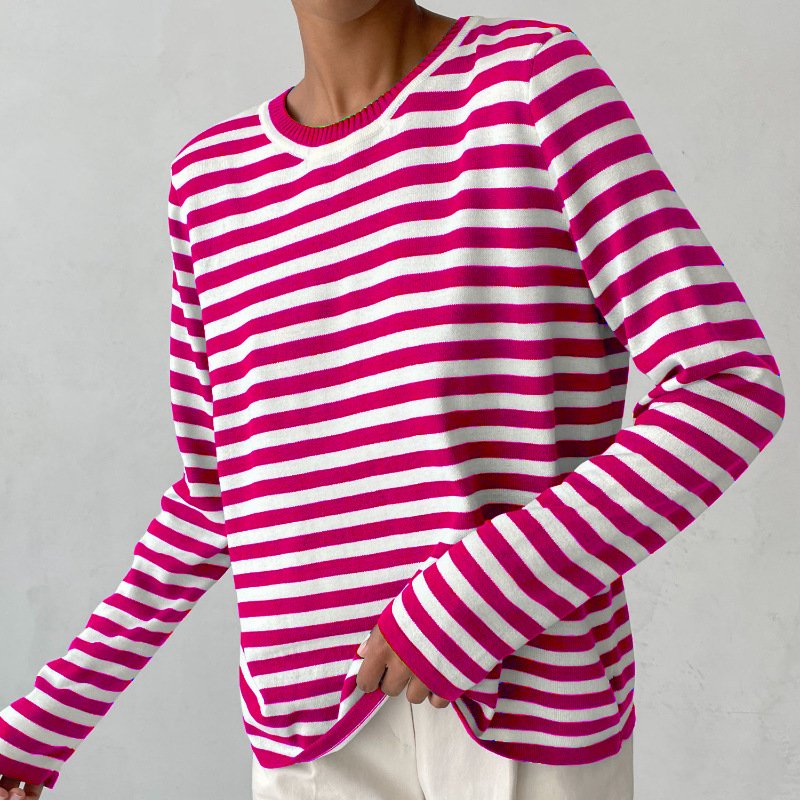 Suéter a Rayas Cómodo para Mujeres con Cuello Redondo y Mangas Largas, Estilo Relajado y Oversized