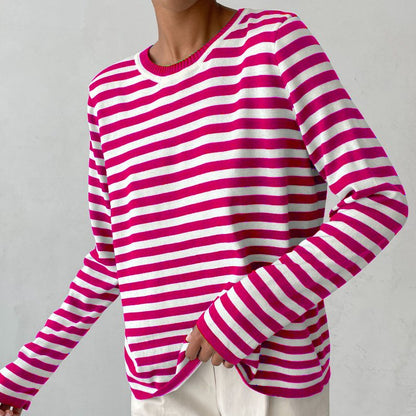 Suéter a Rayas Cómodo para Mujeres con Cuello Redondo y Mangas Largas, Estilo Relajado y Oversized