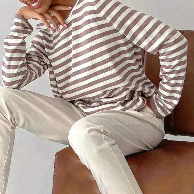 Suéter a Rayas Cómodo para Mujeres con Cuello Redondo y Mangas Largas, Estilo Relajado y Oversized