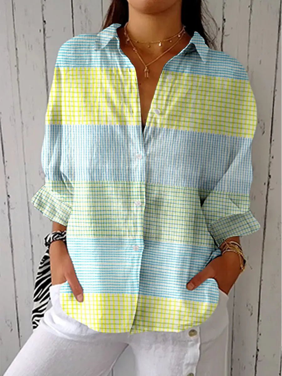 Blusa de Cuadros Multicolor Sin Esfuerzo para Mujeres con Cuello, Manga Larga, Botones en el Frente y Estilo Relajado