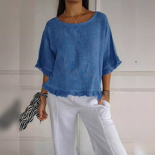 Blusa de Lino Sin Esfuerzo para Mujeres con Cuello Redondo, Manga de Codo y Estilo Relajado con Volantes