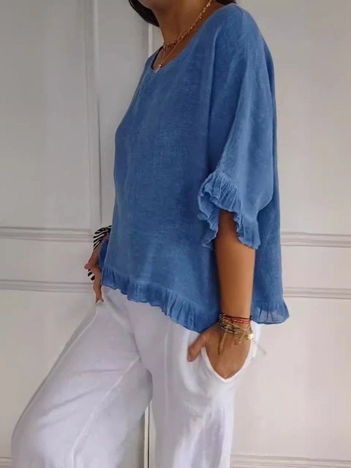 Blusa de Lino Sin Esfuerzo para Mujeres con Cuello Redondo, Manga de Codo y Estilo Relajado con Volantes