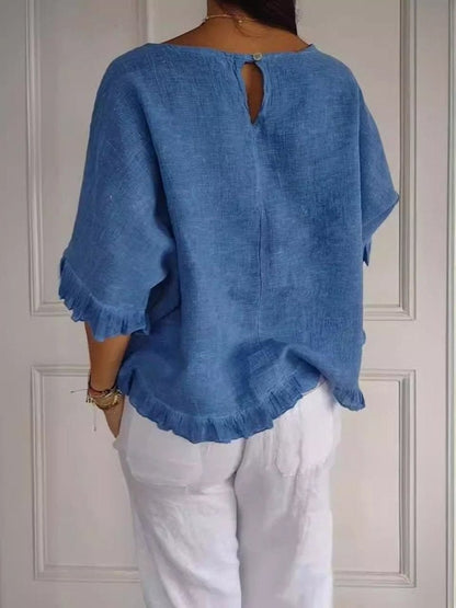 Blusa de Lino Sin Esfuerzo para Mujeres con Cuello Redondo, Manga de Codo y Estilo Relajado con Volantes