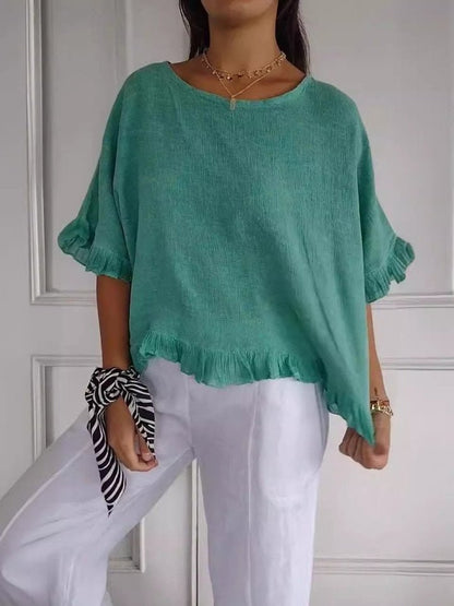 Blusa de Lino Sin Esfuerzo para Mujeres con Cuello Redondo, Manga de Codo y Estilo Relajado con Volantes