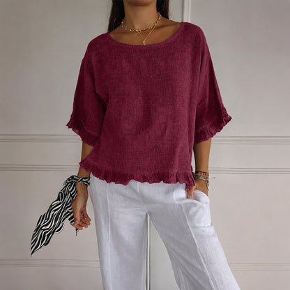 Blusa de Lino Sin Esfuerzo para Mujeres con Cuello Redondo, Manga de Codo y Estilo Relajado con Volantes