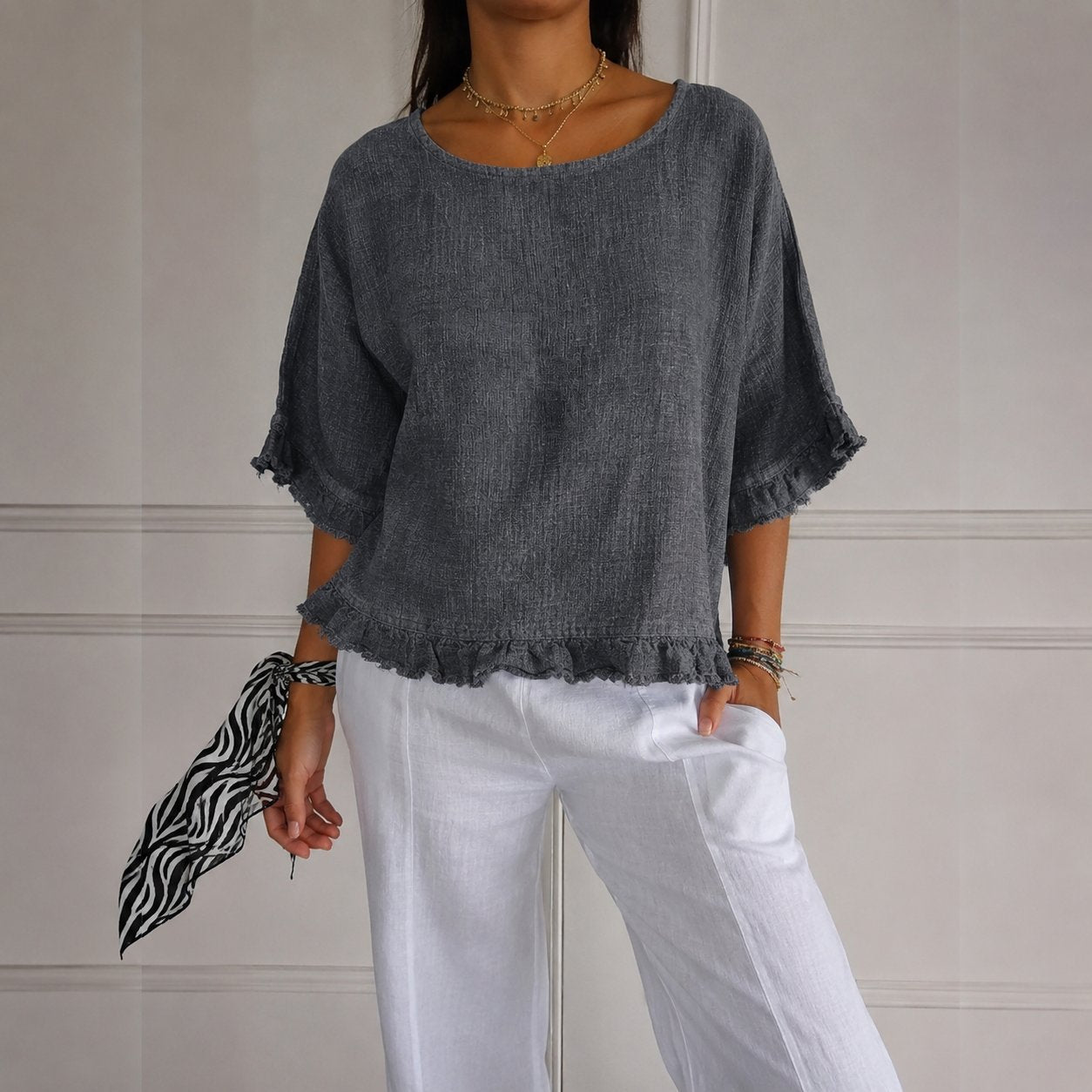 Blusa de Lino Sin Esfuerzo para Mujeres con Cuello Redondo, Manga de Codo y Estilo Relajado con Volantes